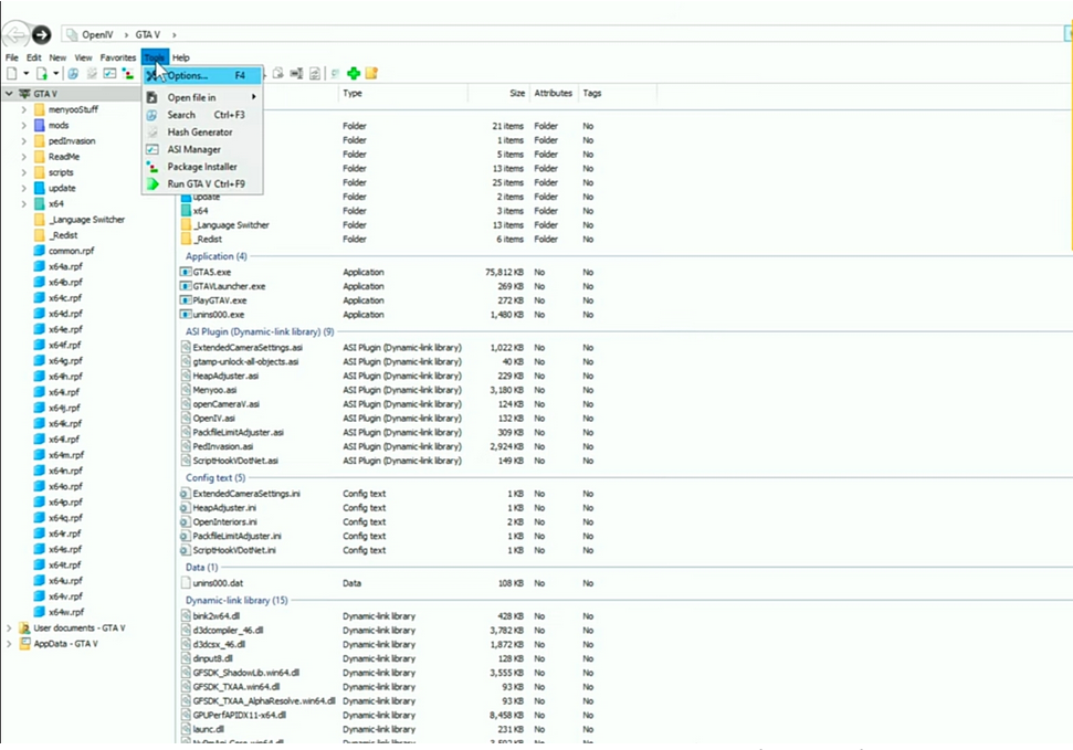 Tools menu in OpenIV software - Installed on Windows