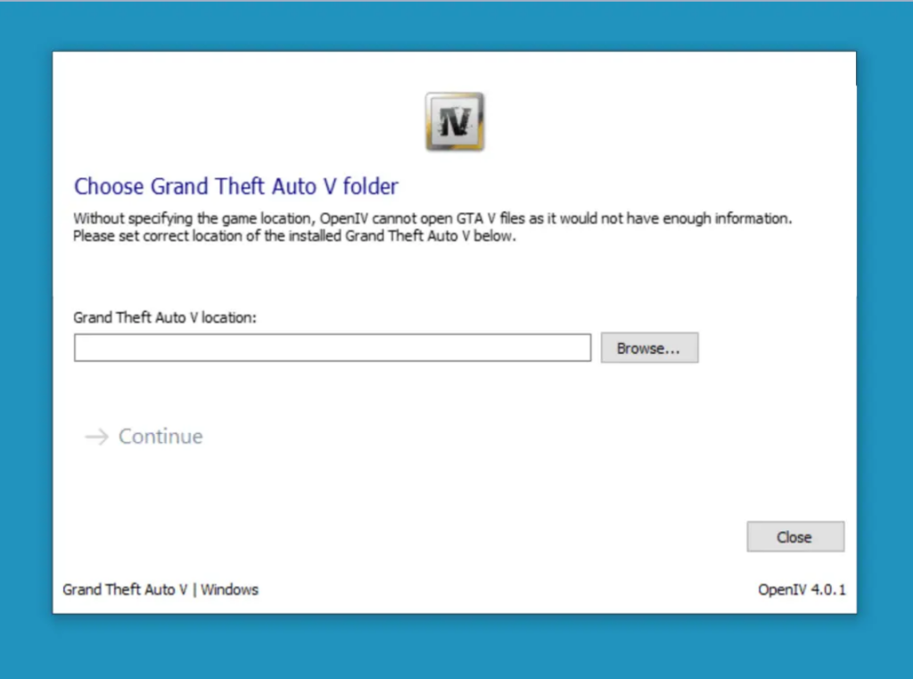Browse to root folder path of GTA V game on Windows